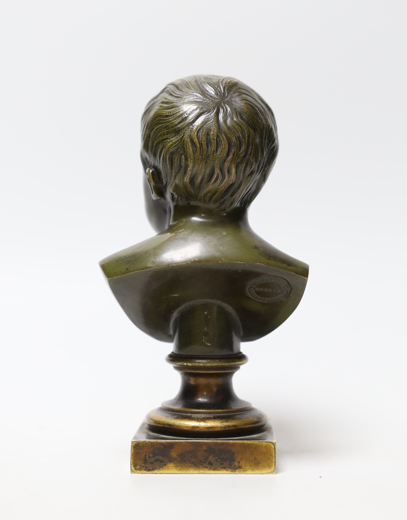 A German bronze bust in memory of a child, R Bellair & Co, Friedrich Str. Berlin, inscribed 8 Mai 188-8 Mai 1898, 18cms high